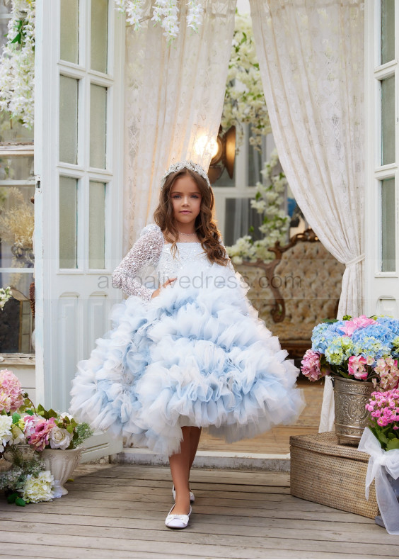 Long Sleeves Blue Sparkling Lace Tulle Ruffled Flower Girl Dress